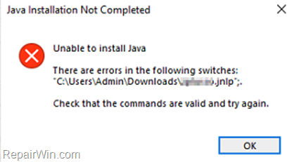 FIX: "There are errors in the following switches" in Java .jnlp file
