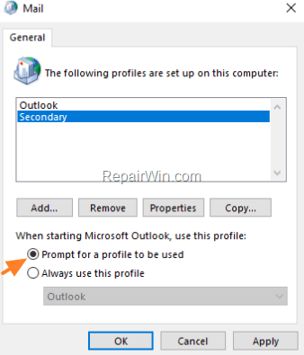 prompt for profile outlook