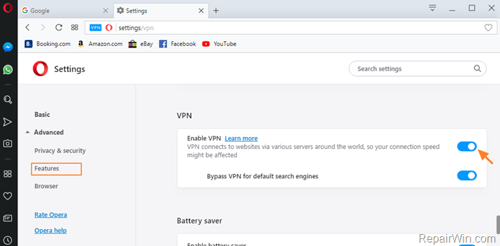 enable vpn opera