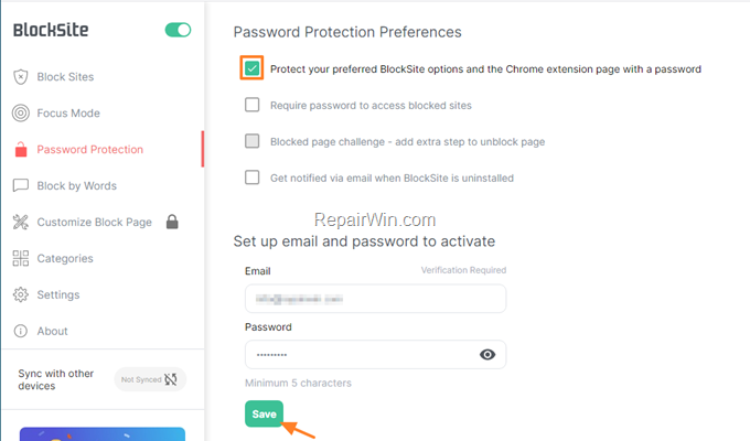password protect blocked sites