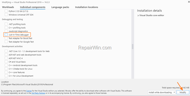 How to Disable Just-In-Time Debugger in Visual Studio