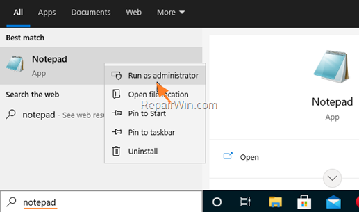 run notepad as administrator
