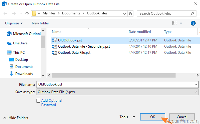 add outlook pst data file