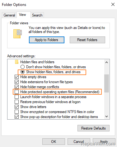 show hidden and protected system files