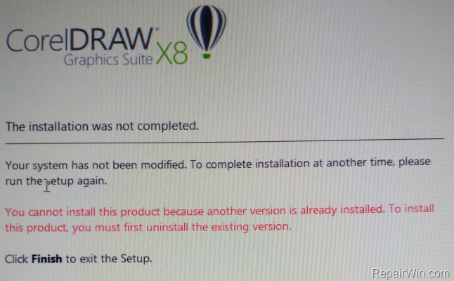 Cannot Install CorelDraw X8 because another version is already installed