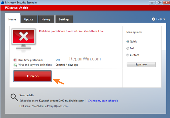 Security Essentials Real Time protection is Off