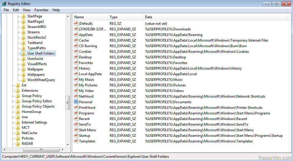 Change Personal Folders Location in Registry