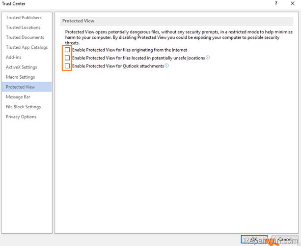 disable protected view option word - excel