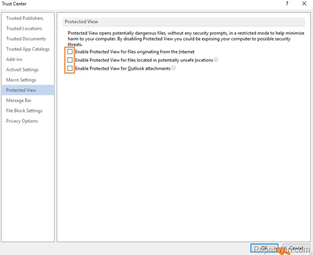 disable protected view option word - excel