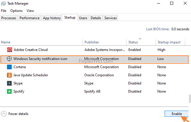 Windows Defender icon Startup