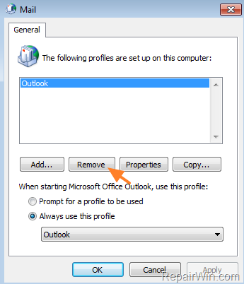 delete outlook profile