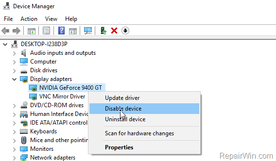 disable display adaapter
