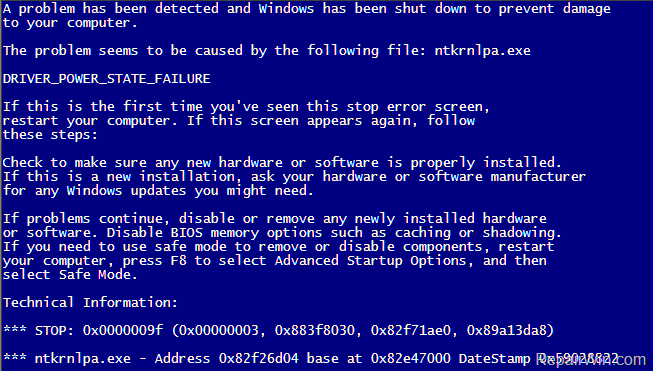 0x0000009F DRIVER POWER STATE FAILURE caused by ntkrnlpa.exe