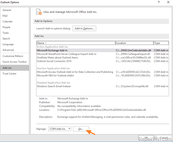disable outlook add-ins