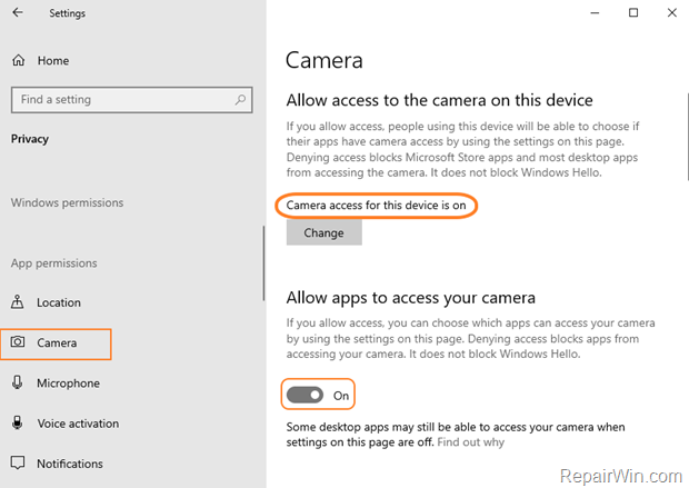 Allow Apps to Access Camera Windows 10