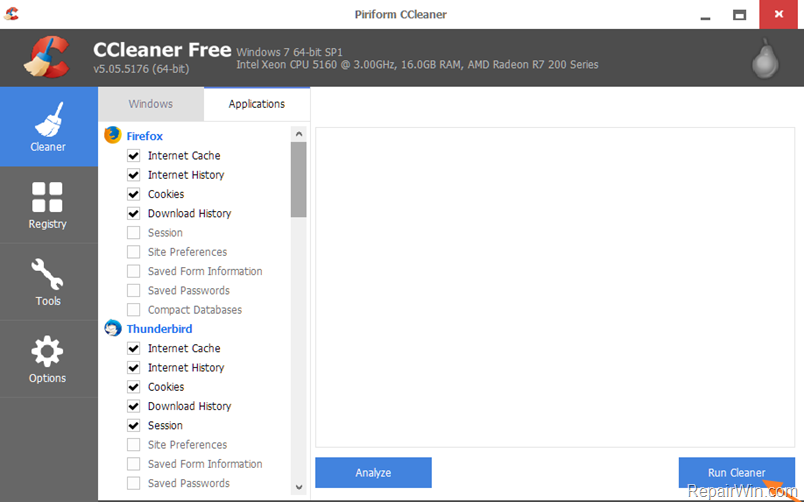 clear internet history cache cookies - ccleaner