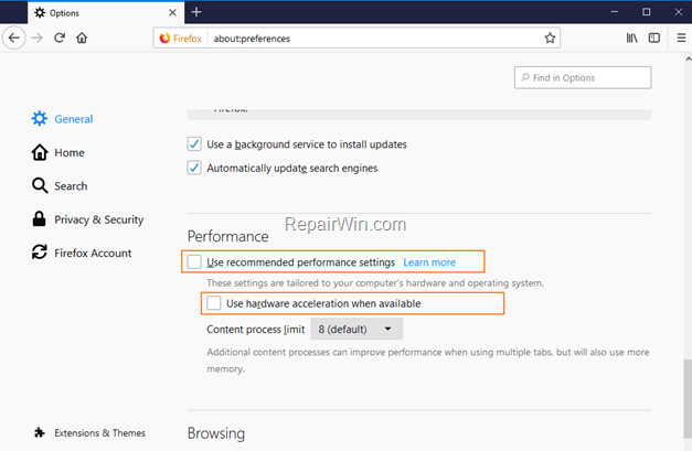 Disable Hardware accelaration Firefox