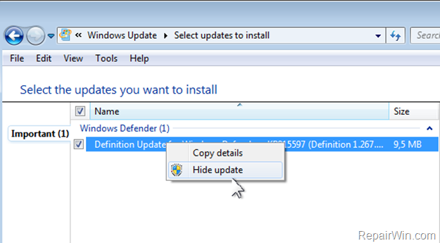 hide update windows 7