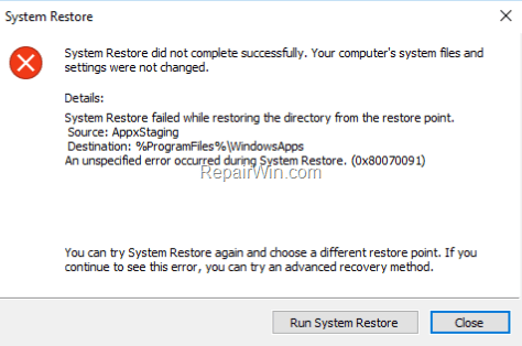 System Restore failed 0x80070091