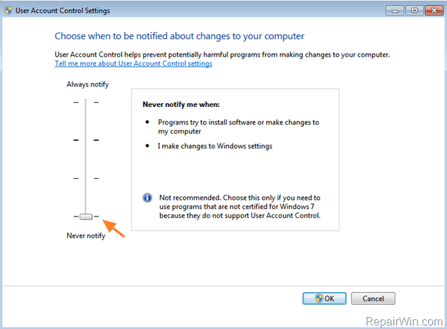 disable uac - user account control