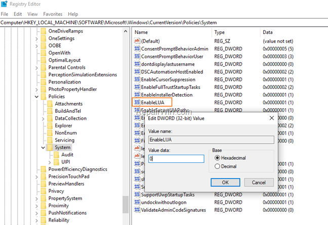 disable UAC registry windows 10