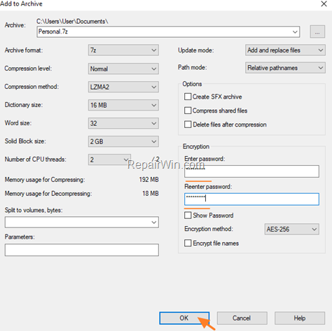 set password to archive with 7-zip