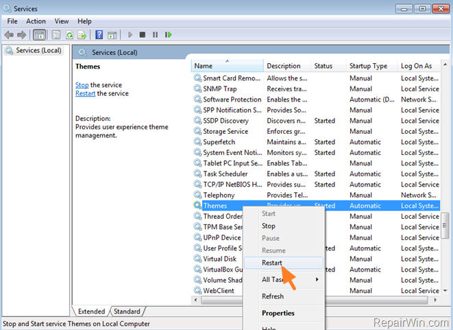Themes Greyed Out - restart theme service