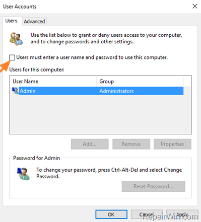 remove password prompt on Windows 10/8.1 startup