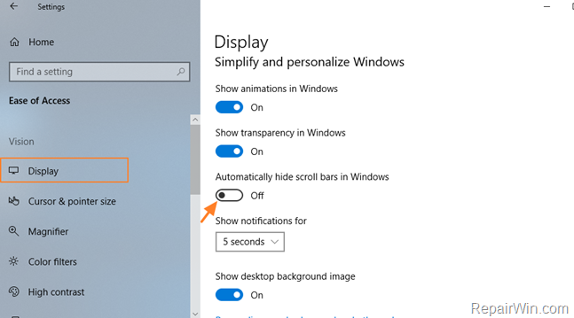 always show scroll bars windows 10