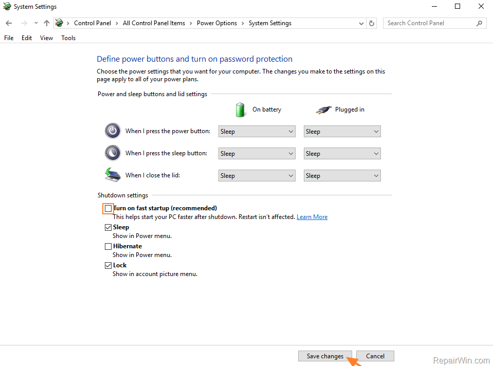 Windows 10 disable fast startup