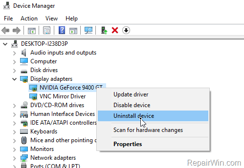 uninstall display adapter
