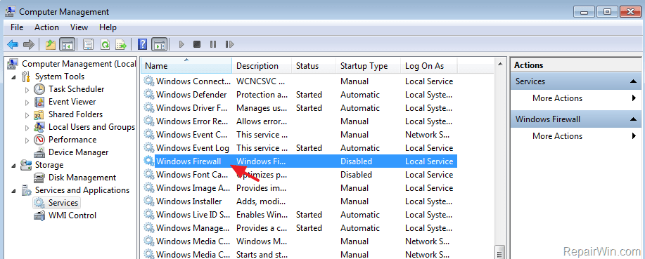 windows firewall service