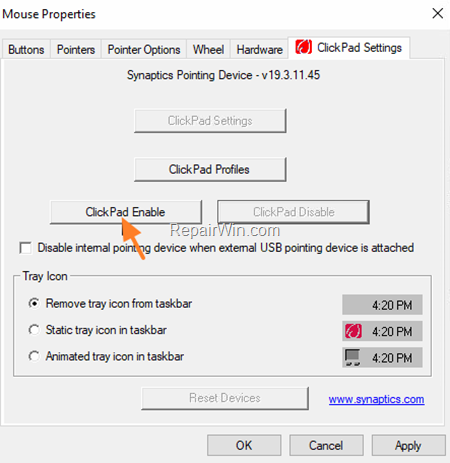 enable touchpad windows 10
