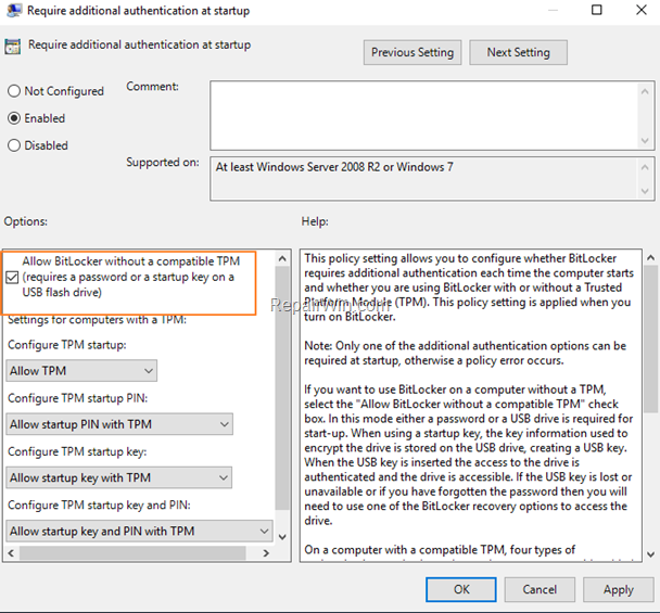 Allow BitLocker without compatible Trusted Platform Module