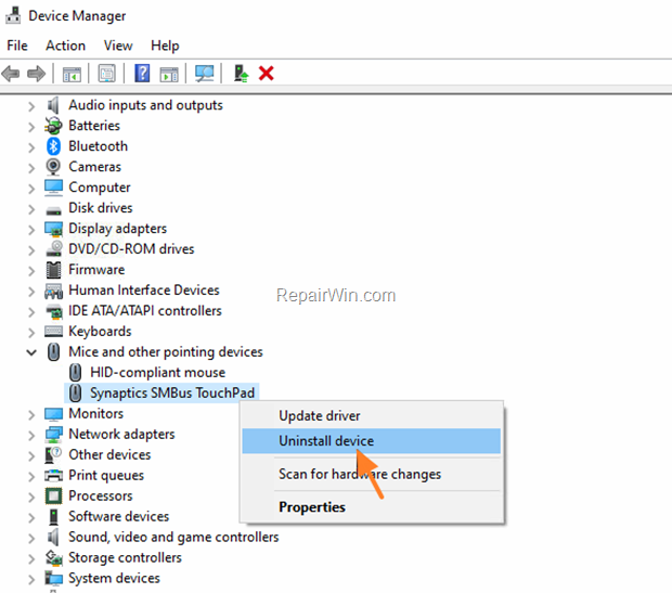 uninstall touchpad windows 10