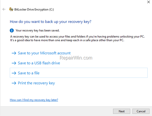 save bitlocker recovery key