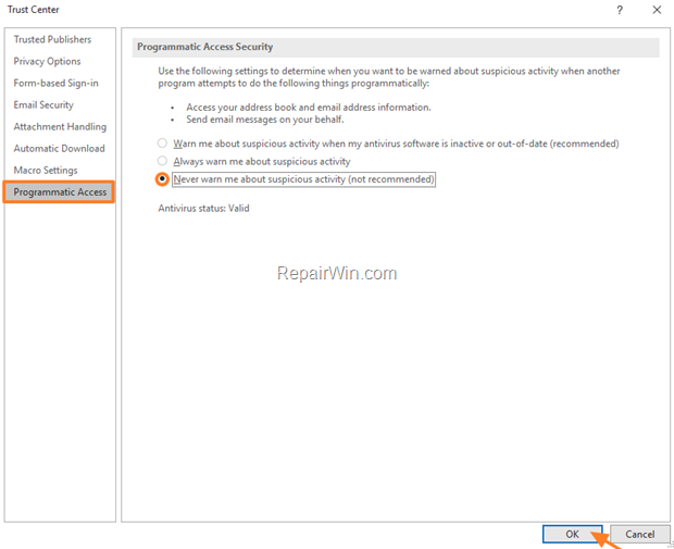 Remove Outlook warning "program is trying to send e-mail on your behalf"