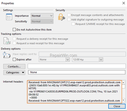 View Internet headers in Outlook