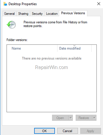 There No Previous Versions Available in Windows 10