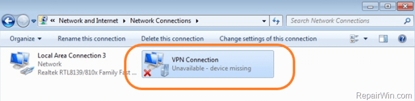 VPN Connection Unavailable - device missing