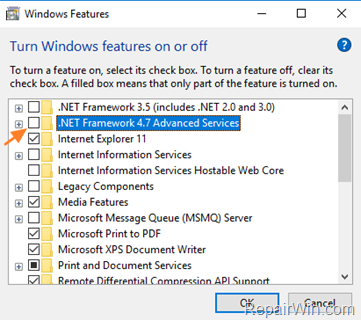 disable net framework windows 10