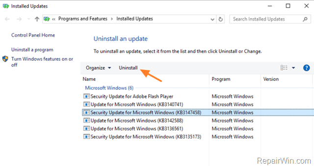 uninstall KB3147458 windows 10