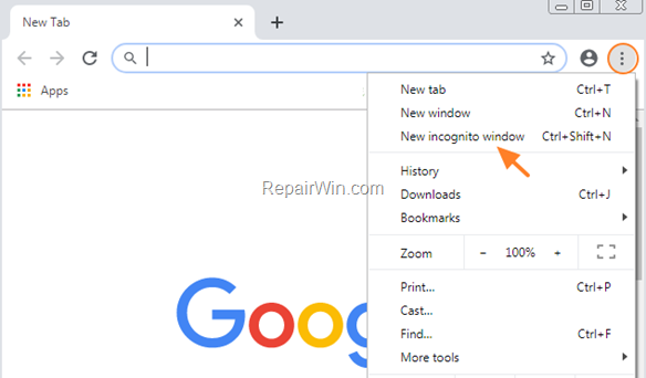Chrome New incognito window