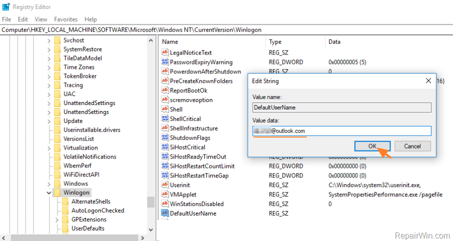 enable auto login registry