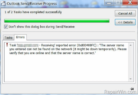 Outlook 0x800408FC error