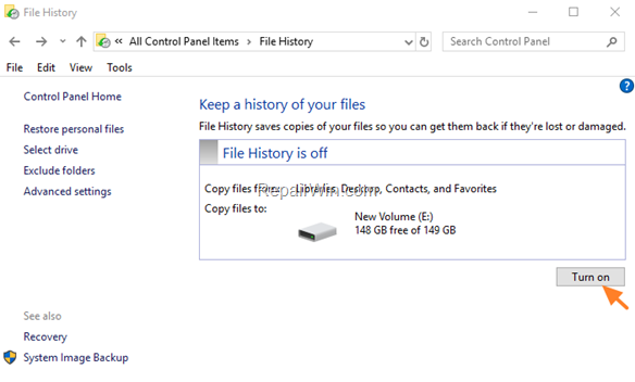 Turn On File History Windows 10