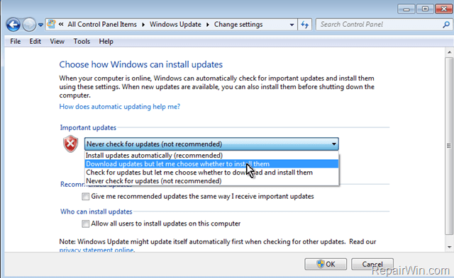 change update settings