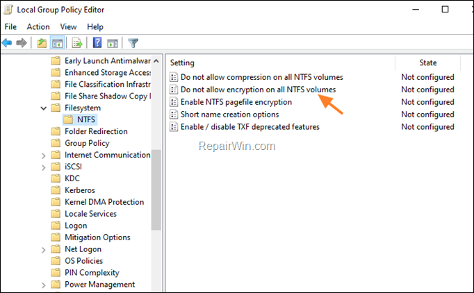 disable efs encryption policy