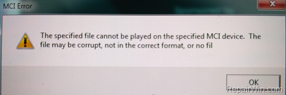 specified file cannot be played on the specified MCI device