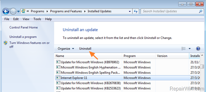 uninstall internet explorer